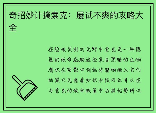 奇招妙计擒索克：屡试不爽的攻略大全